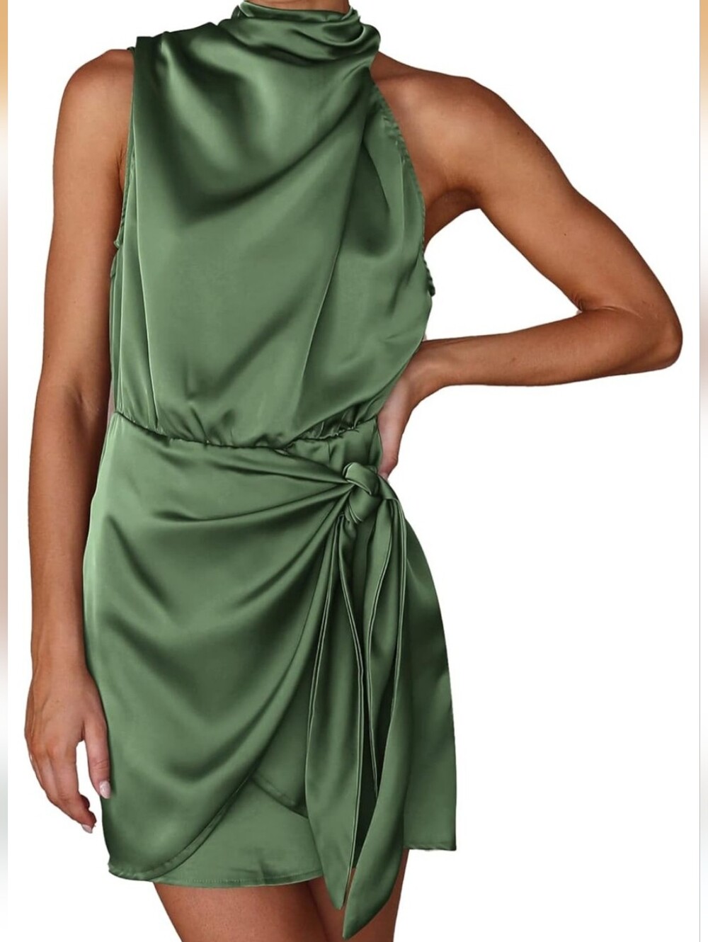 Sleeveless Olive Green Satin Tie-Waist Mini Dress